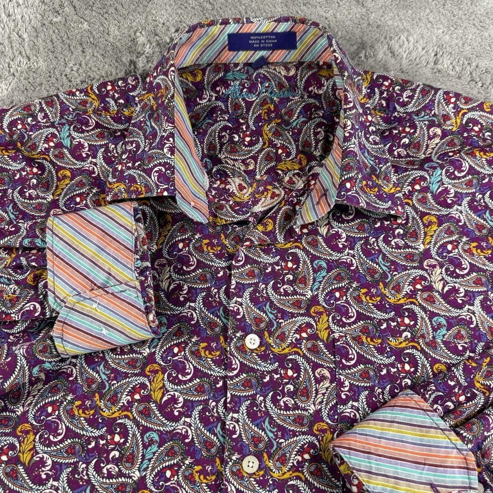 Alan Flusser Mens XL Purple Paisley Shirt 100% Cotton Flip Cuff Long Sleeve AOP